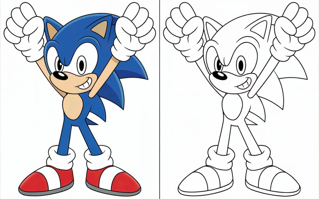 Sonic raises both hands in celebration with a cheerful smile.